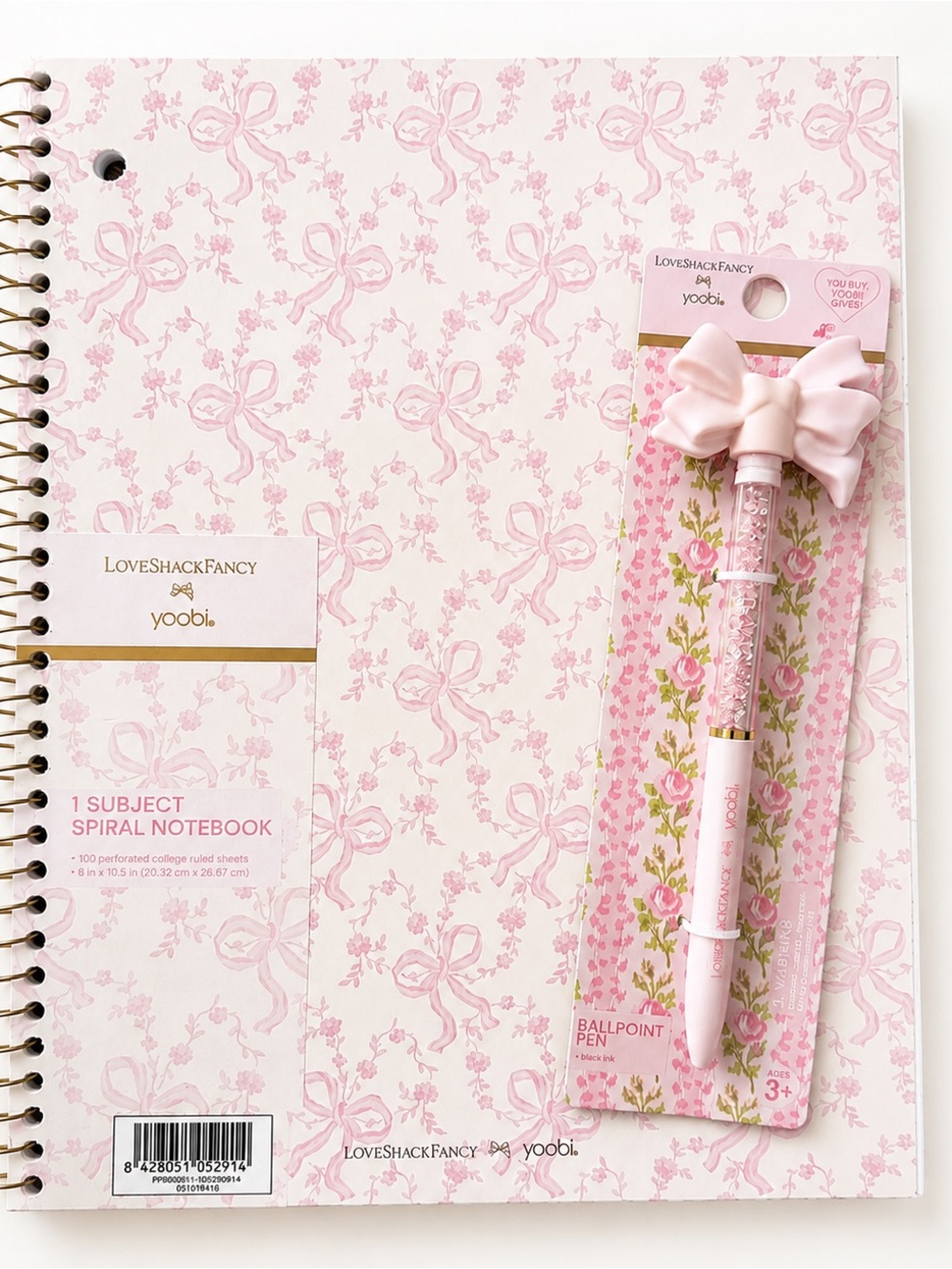 LoveShackFancy x Yoobi Spiral Notebook & Bow Pen Gift Set Pink NWT